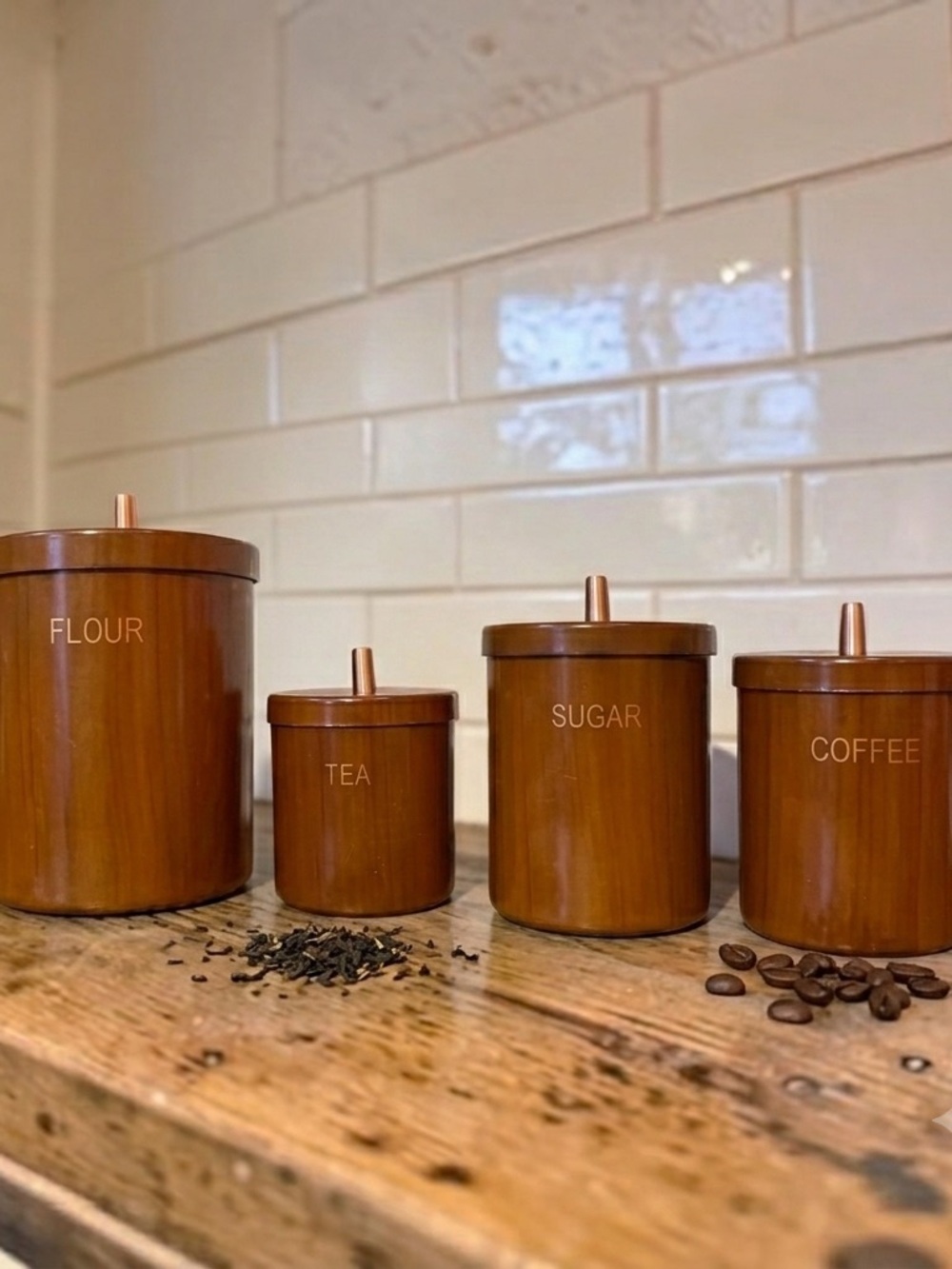 Vintage Faux Wood Nesting Kitchen Canister Set of 4 - Flour Sugar Coffee Tea